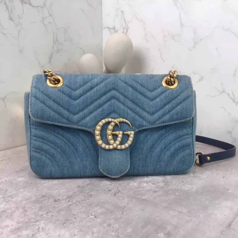 95新 GUCCI/古驰 马蒙26 蓝色牛仔珍珠扣链条包10398104