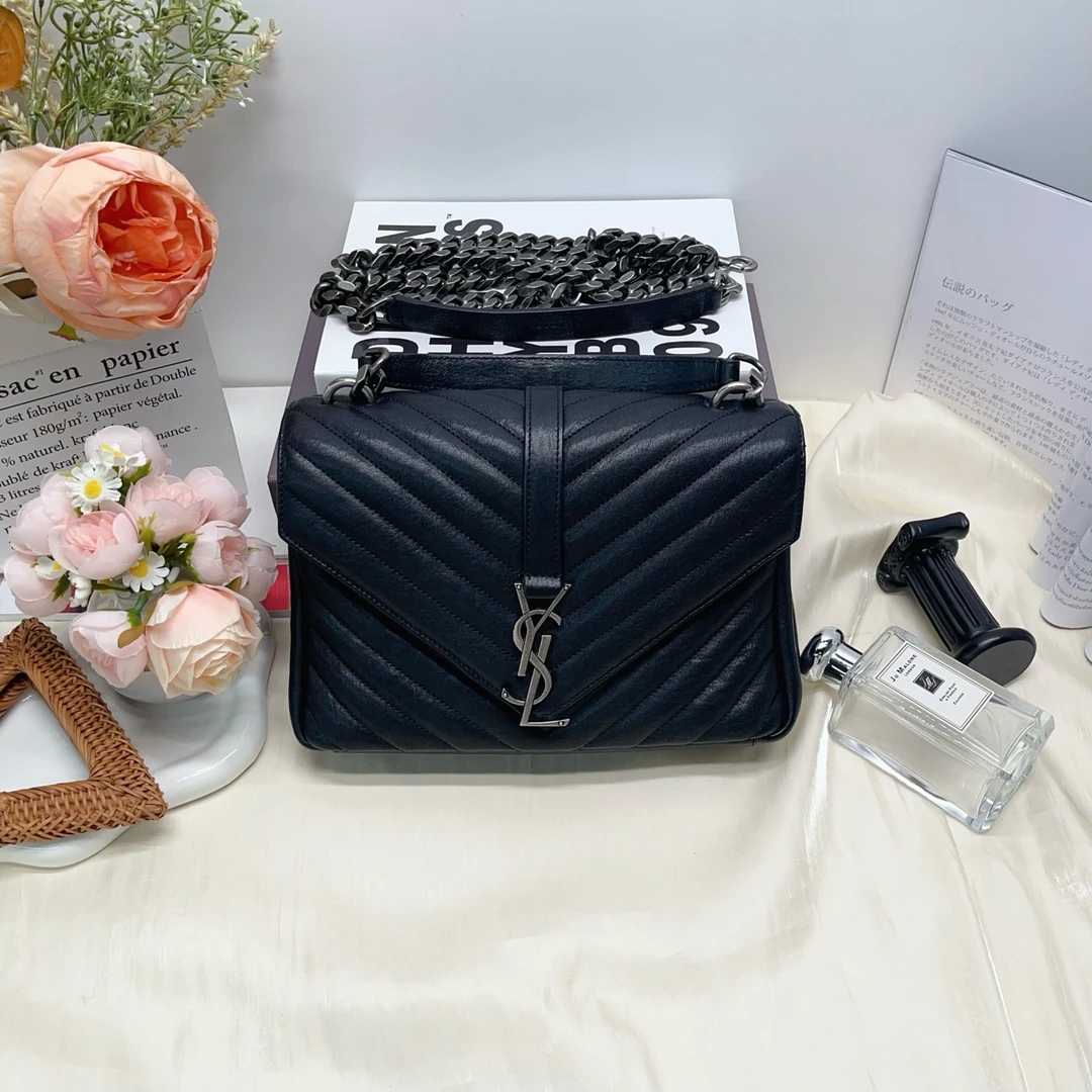 95新 YSL/圣罗兰 黑银V纹皮革手提包链条包10434176