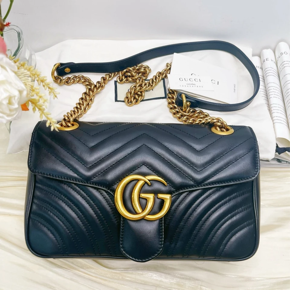95新 GUCCI/古驰 马蒙26黑金皮革链条包10098642