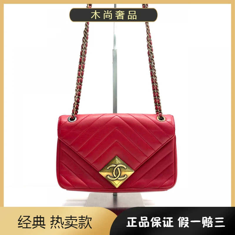 95新 Chanel/香奈儿 /CF 羊皮金扣信封包单肩斜挎包 红色 21开