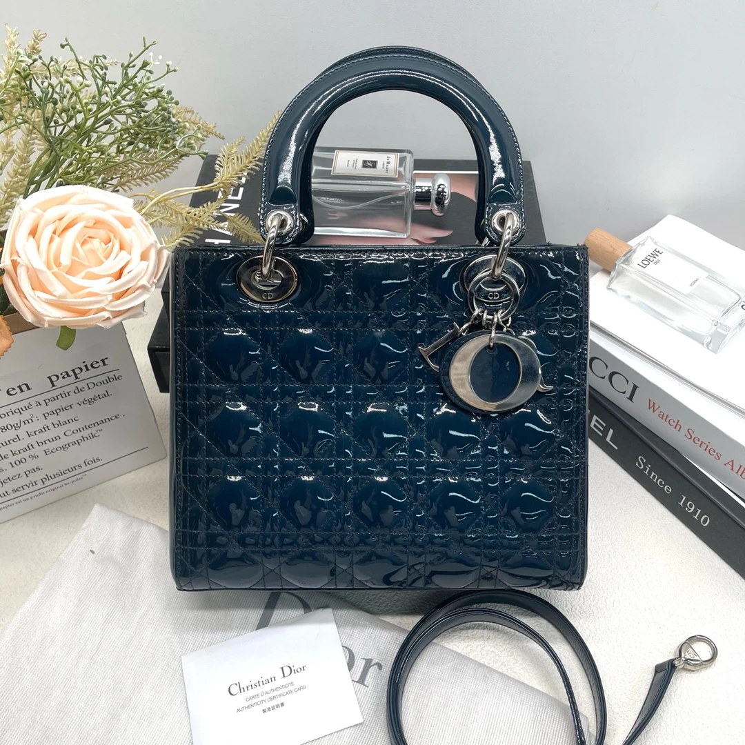 95新 DIOR/迪奥 蓝绿色漆皮五格戴妃包10340483