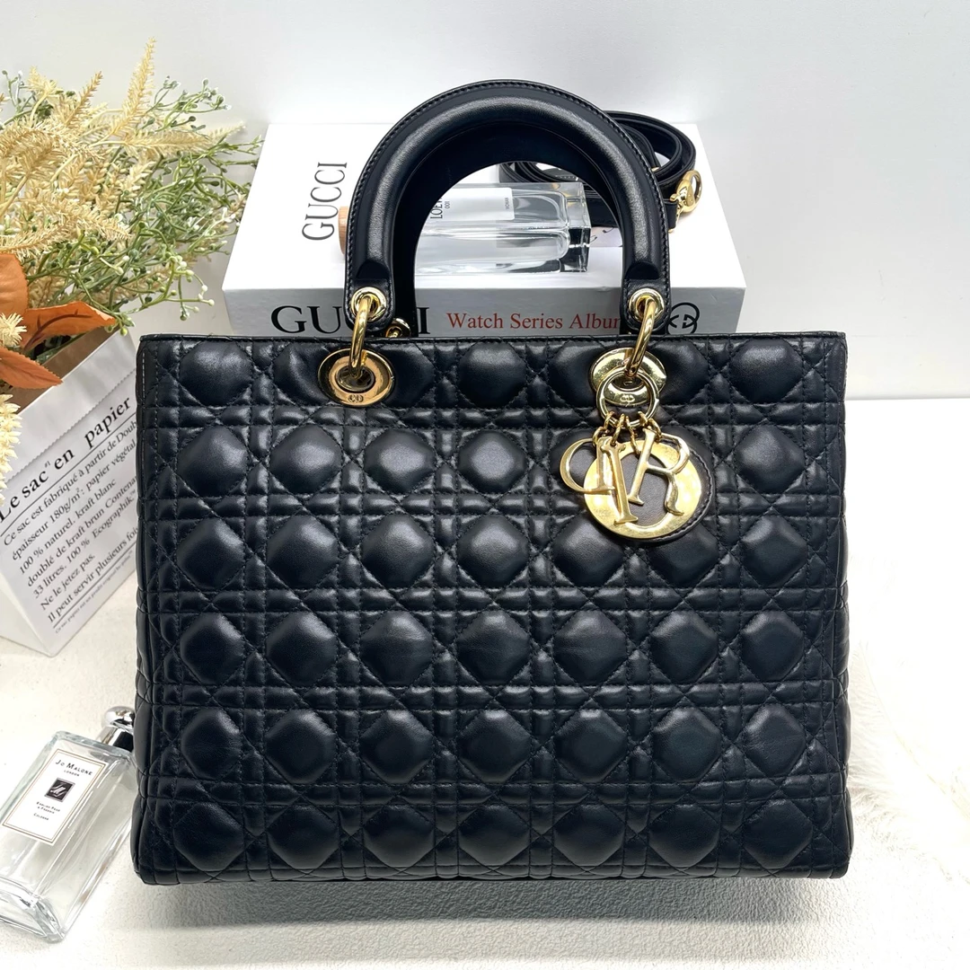 95新 DIOR/迪奥 Lady Dior黑色藤格纹 柔软皮革手提包9872947