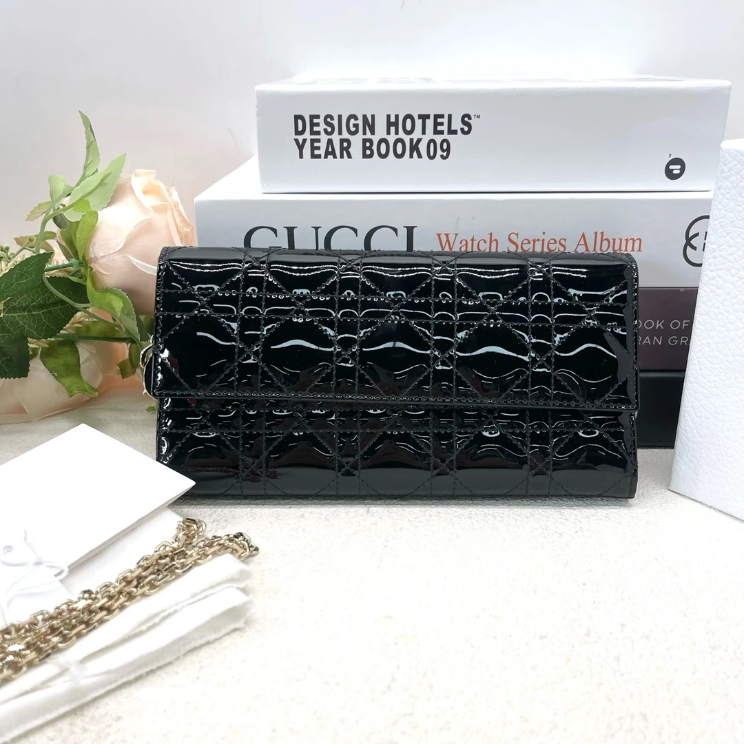 95新 DIOR/迪奥 DIOR迪奥 黑色藤格纹漆皮链条包钱包10487811