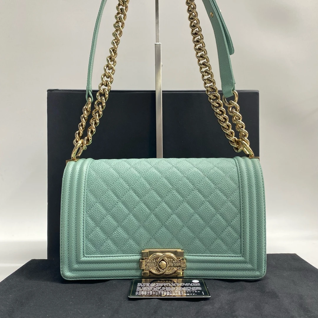95新 Chanel/香奈儿 荔枝纹牛皮复古金扣薄荷绿斜挎包 7342063