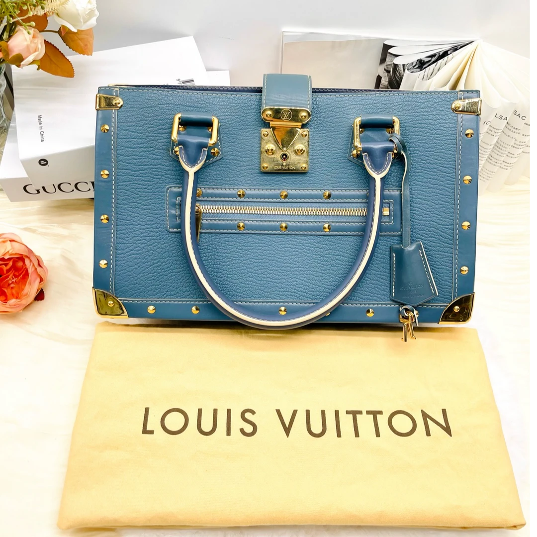 95新 LouisVuitton/路易威登 苏哈里蓝色皮革手提包03年 锁扣式