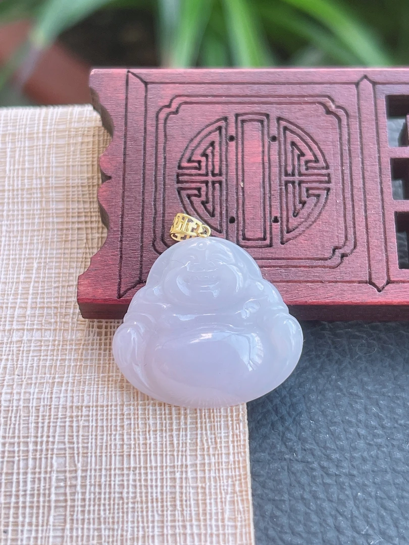 天然缅甸翡翠A货.18K金镶水润粉紫罗兰佛公吊坠.尺寸22-23.6-5.5