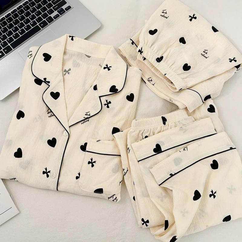 睡衣女夏季可爱卡通短袖长裤短裤云朵绵三件套韩版猫咪家居服套装