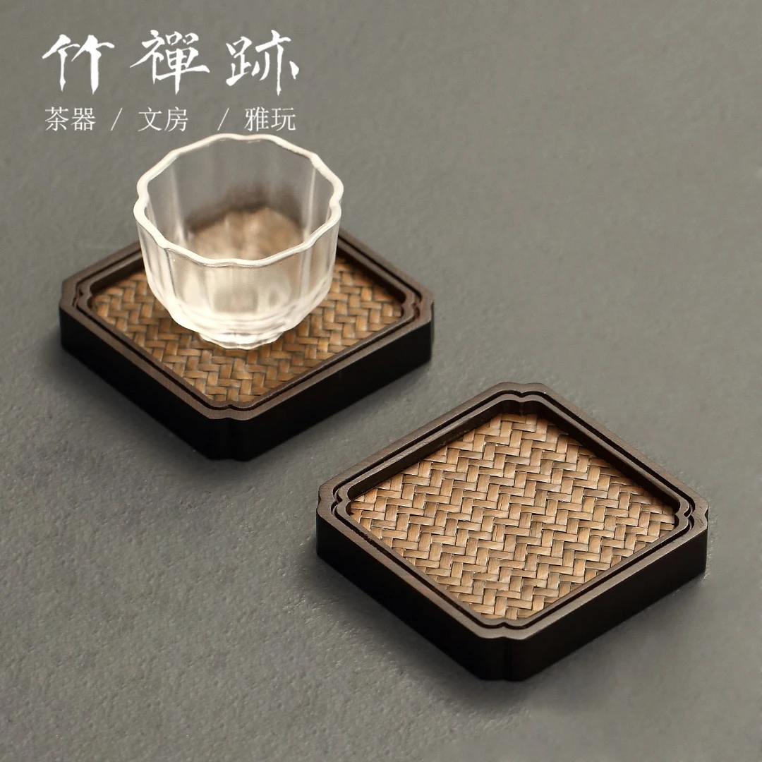 竹蝉迹茶道杯垫 手工茶杯垫子竹制六君子杯托壶垫功夫茶具零配件