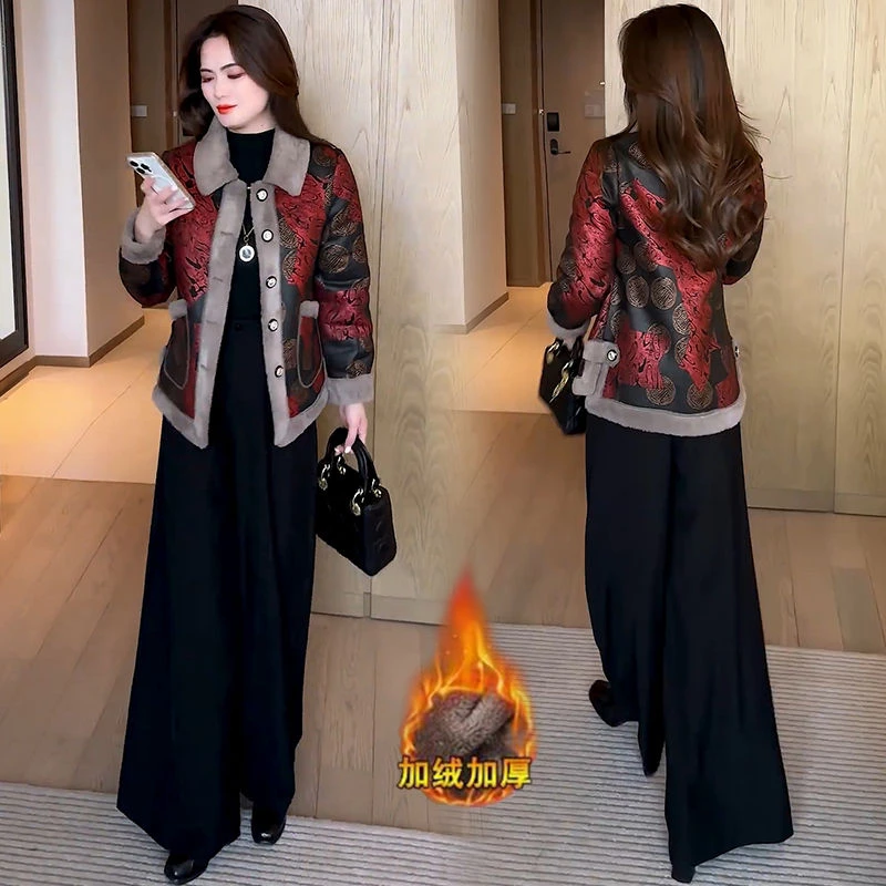 加绒加厚国风印花毛呢外套女2024冬季洋气小个子加厚保暖呢子大衣