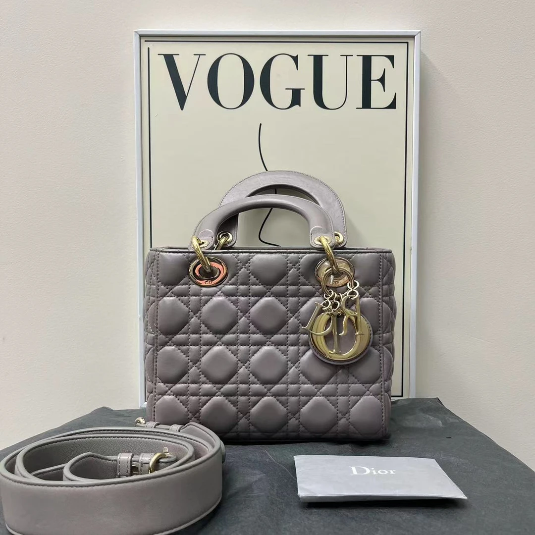 95新 DIOR/迪奥 W迪奥灰色戴妃4格17年单肩包32074152
