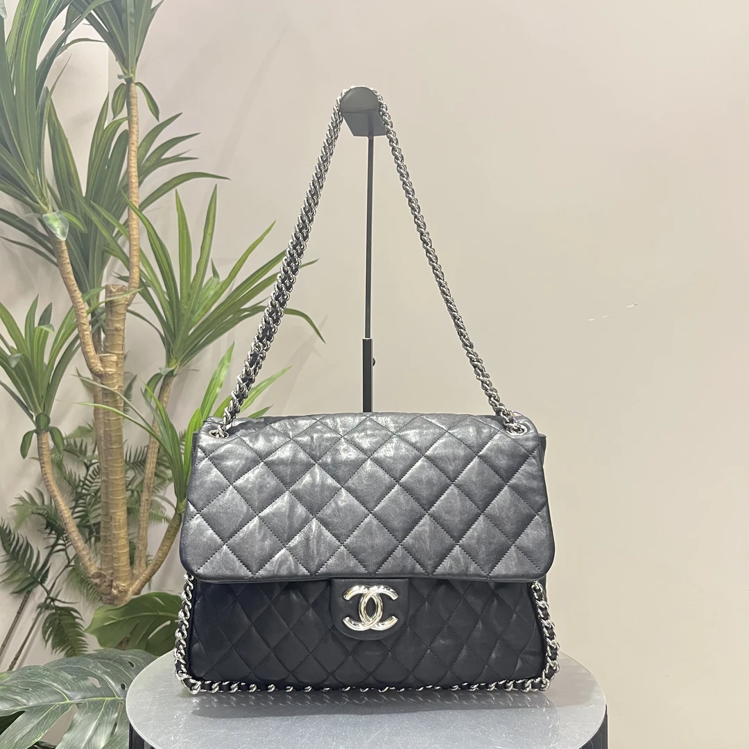 95新 Chanel/香奈儿 W黑色滚边链条机场包17开单肩包95909169