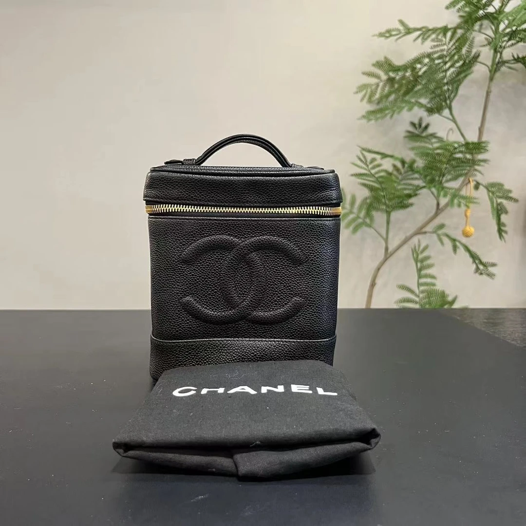 95新 Chanel/香奈儿 W香奈儿黑色荔枝纹Logo化妆包手提包51896636