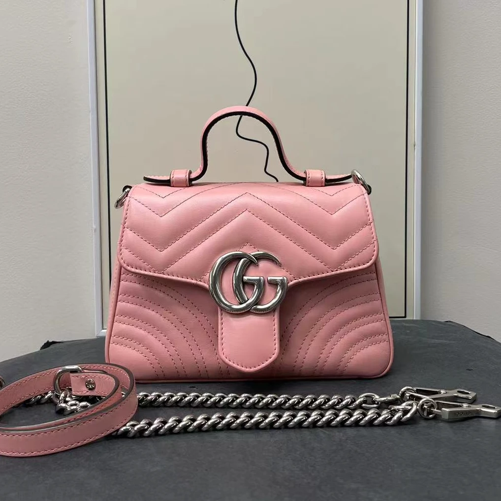 95新 GUCCI/古驰 W古驰粉色马蒙邮差包单肩包12457248
