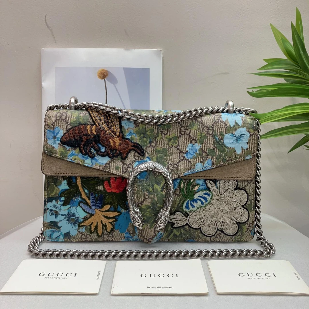 95新 GUCCI/古驰 W古驰老花蜜蜂刺绣酒神中号单肩包79625459