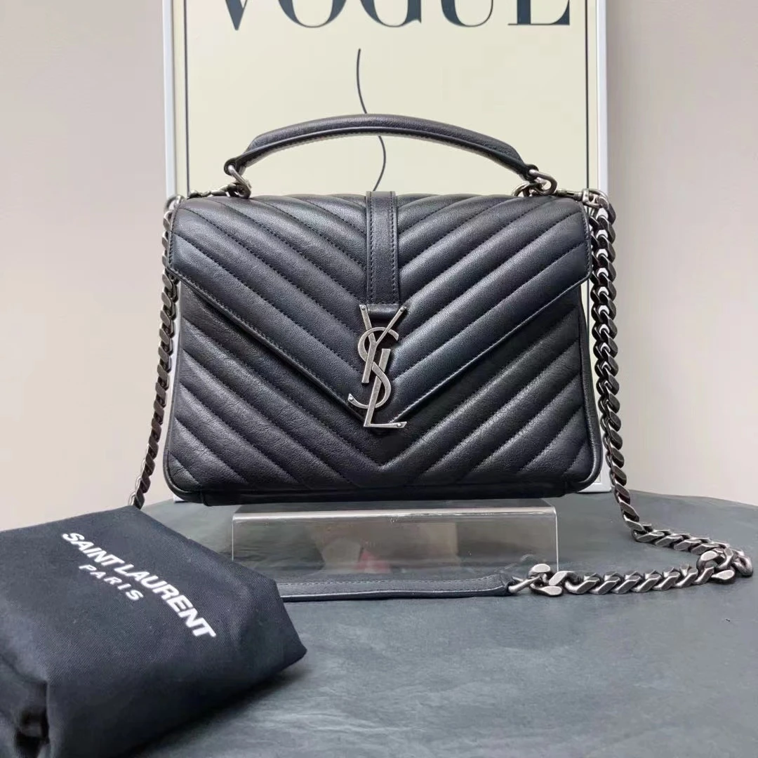 95新 YSL/圣罗兰 Wmonogram邮差系列黑银牛皮单肩包86662452