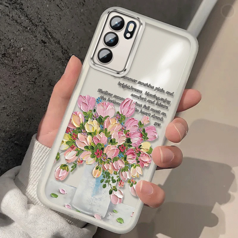 适用OPPOReno6Pro手机壳自带镜头膜油画花防摔高颜值镜头全包保护