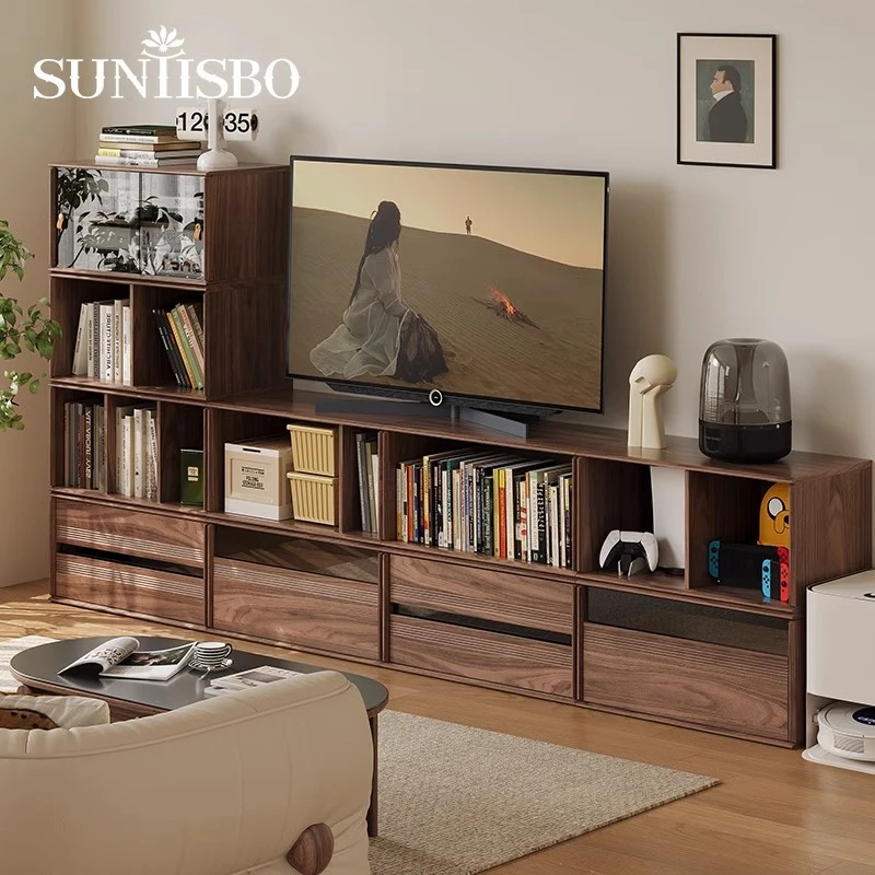 戏木北美黑胡桃自由组合柜多功能家用实木书柜储物柜落地电视柜子