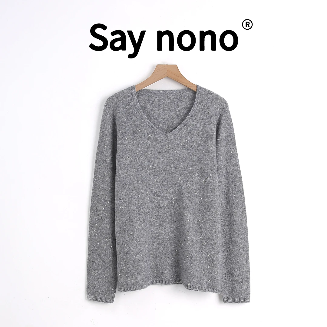 懒猫nono│Saynono 细闪＿休闲舒适显瘦V领全毛长袖上衣 /22601