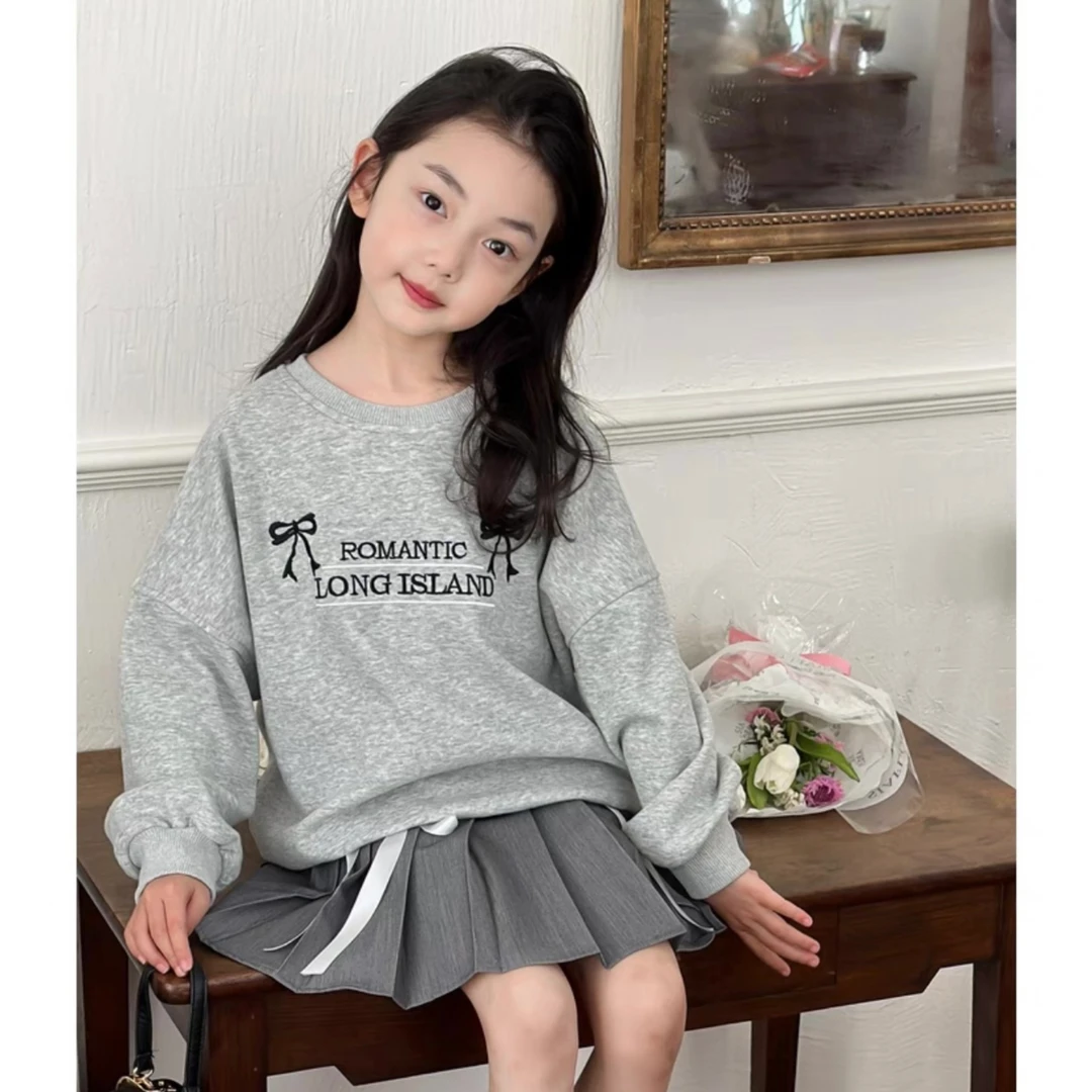 2024秋季新款韩版时尚女童蝴蝶结字母工艺卫衣百褶裙套装