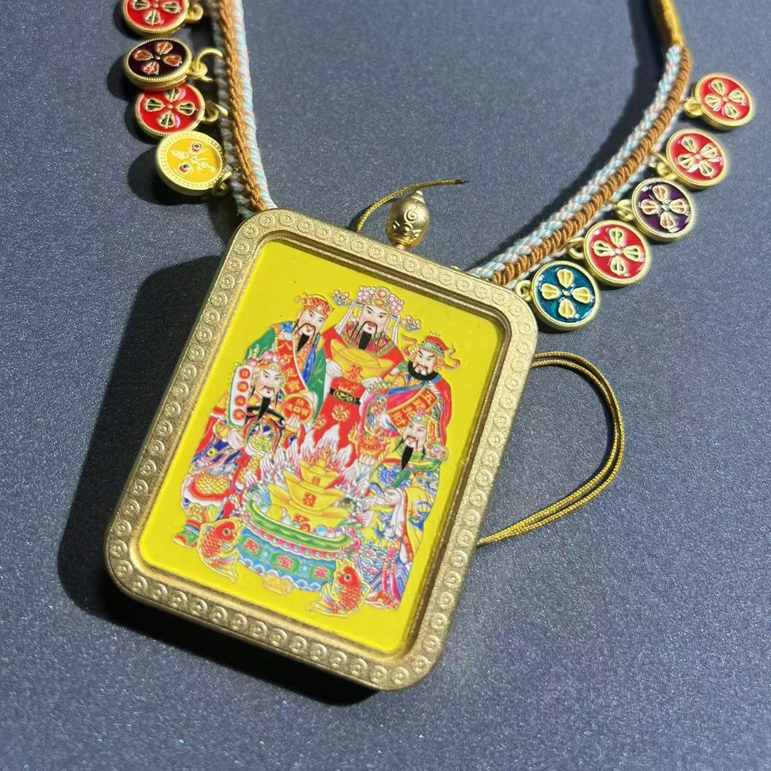 高端唐卡吊坠五路财神双面纯手绘项链