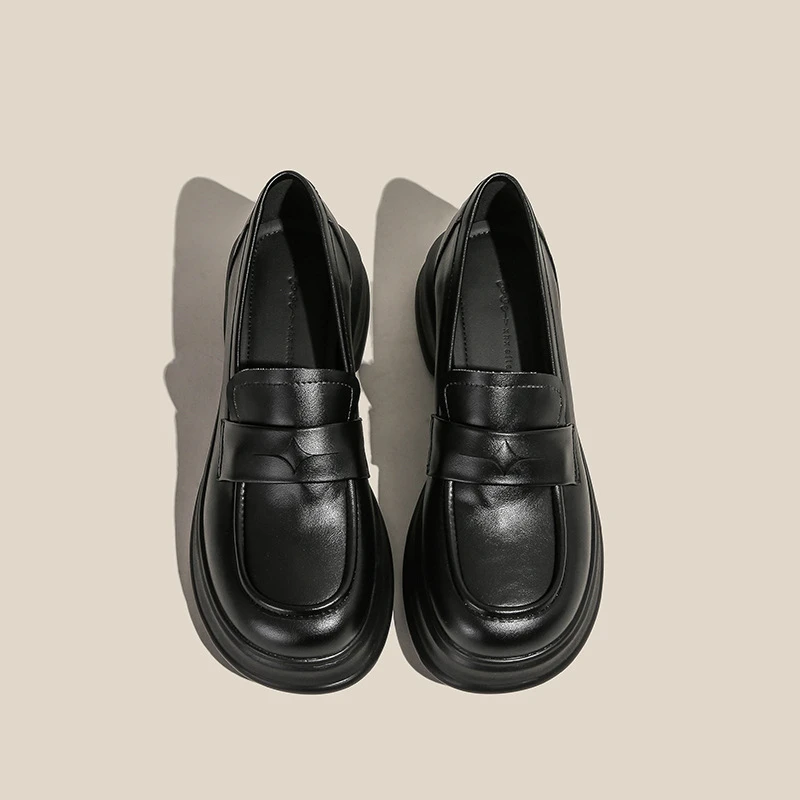 圆头乐福鞋女2025春季新款小个子女鞋软皮单鞋厚底英伦风小皮鞋女