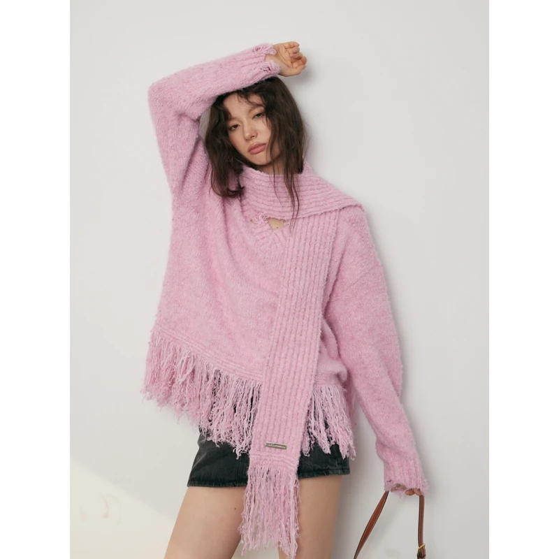 LAFREEDOM慵懒风流苏v领毛茸茸毛衣带围巾LAF331005