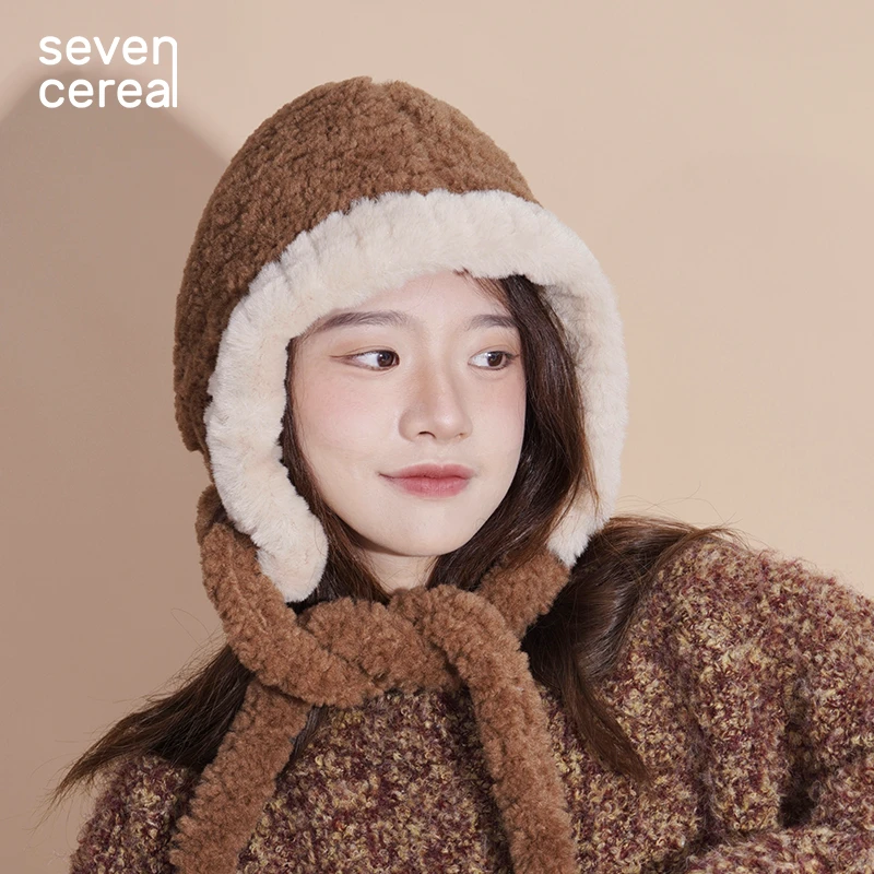 七谷|扭扭护耳帽系绳毛绒套头帽可爱秋冬保暖时尚百搭帽子显脸小