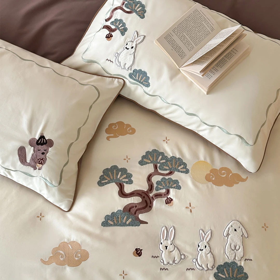 松兔延年 磨毛100支(50*50) 国风刺绣纯棉裸睡舒适透气床品套件