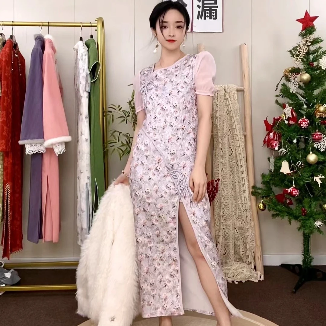 《F23》碎花时尚夏季显瘦高开叉改良旗袍连衣裙