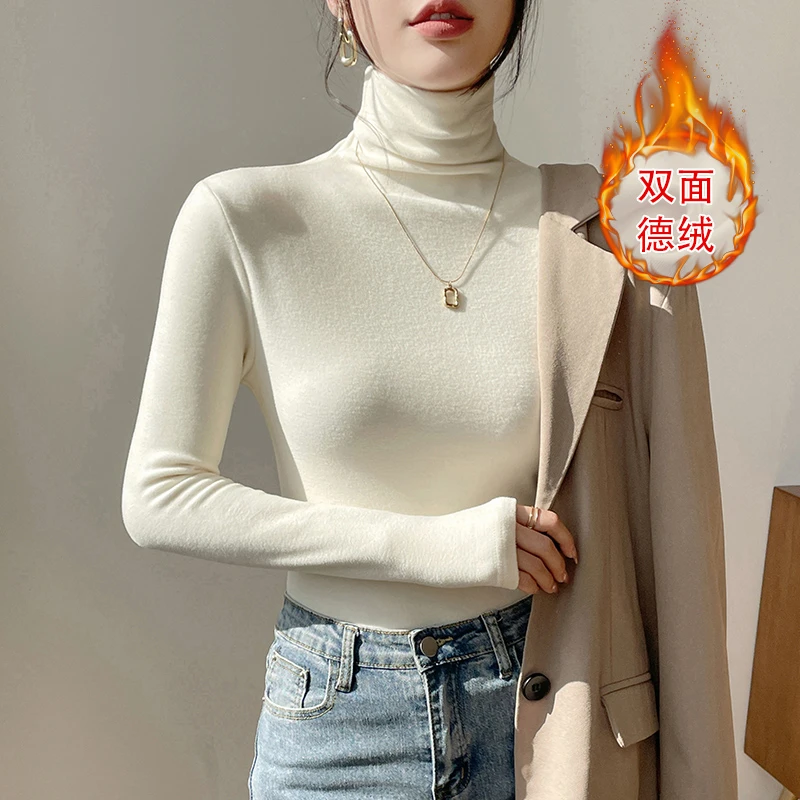精梳棉白色高领打底衫女内搭2023新款秋冬德绒堆领加绒保暖长袖黑