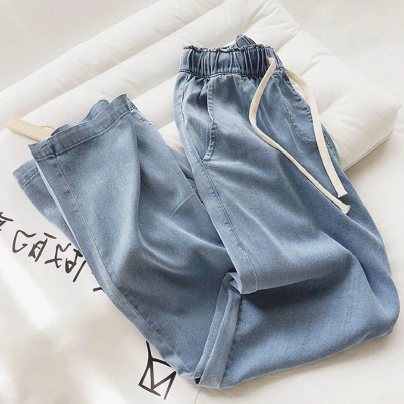 大码牛仔裤女夏季薄款胖妹妹宽松高腰阔腿裤子遮肉显瘦直筒九分裤