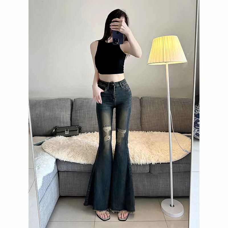 律动莫兰迪复古毛边破洞微喇叭牛仔裤女鱼尾喇叭裤直筒裤拖地裤
