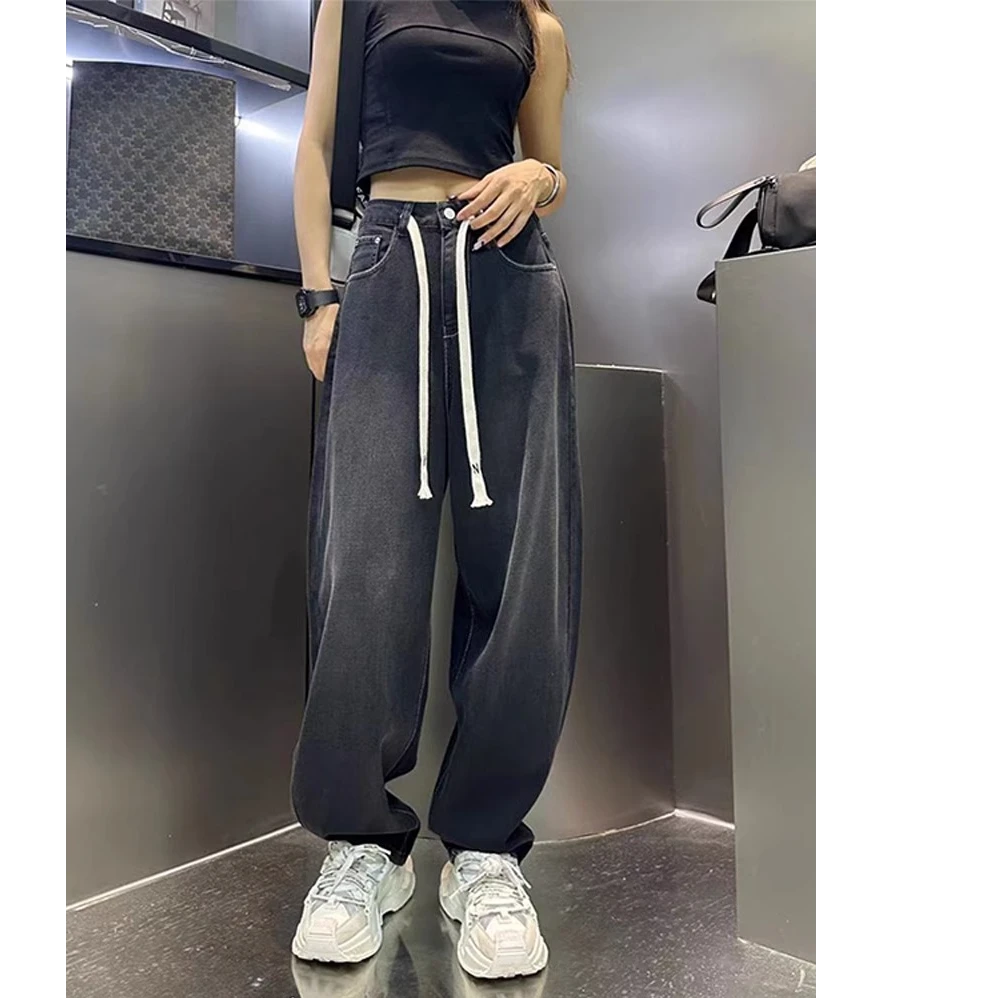 秋冬新款大码宽松休闲垂感高腰高街显瘦做旧水洗老爹牛仔堆堆裤女