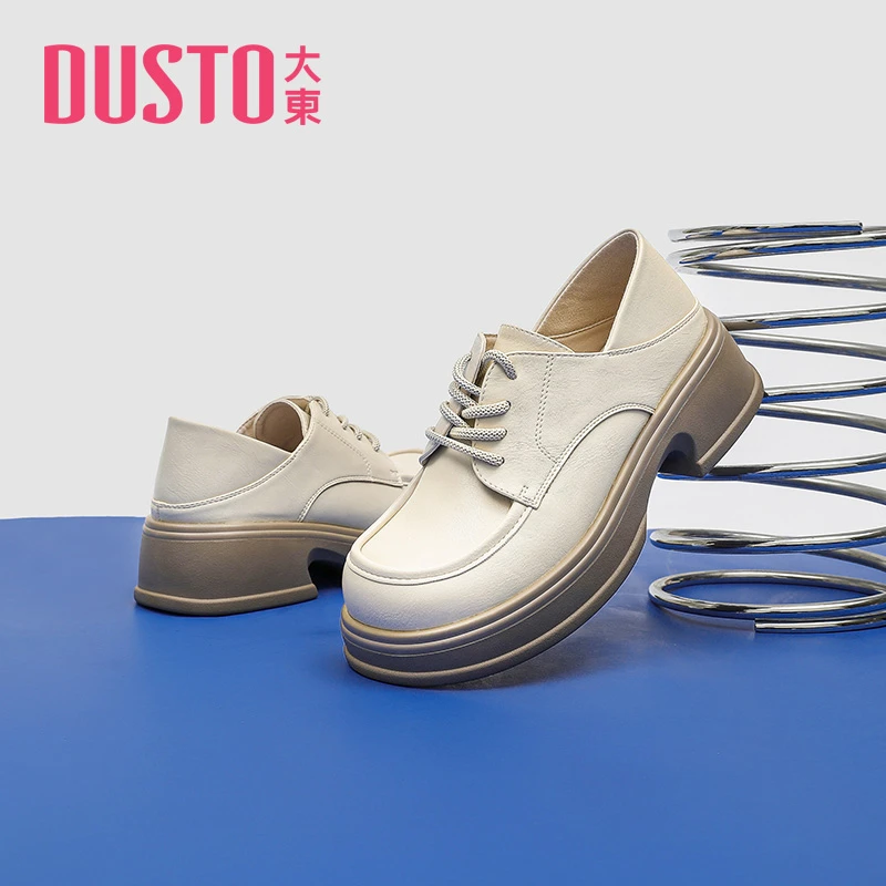 DUSTO/大东小皮鞋女2024秋季新款简约风高跟圆头单鞋系带女鞋0102