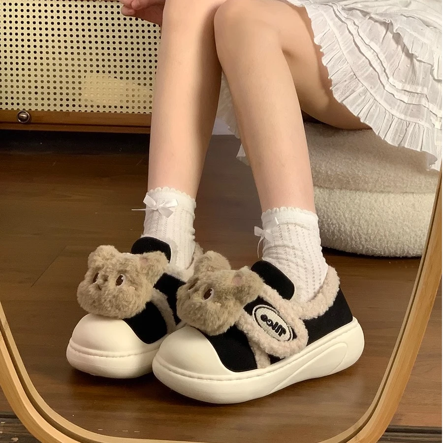可爱小熊棉鞋女冬季新款爆款保暖魔术贴学生宿舍防滑加绒毛毛鞋女