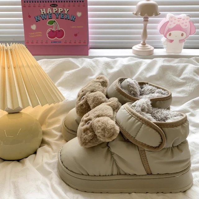 冬季外穿防水雪地靴女士可爱小熊加厚毛绒保暖厚底增高防滑棉鞋女
