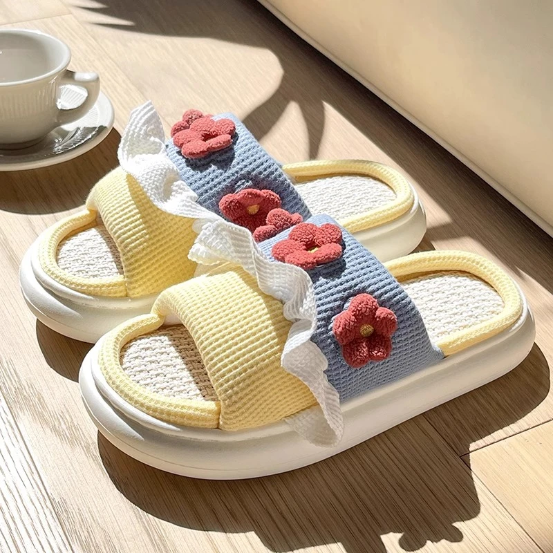 可爱少女心居家亚麻拖鞋女四季家用防滑厚底静音外穿软底舒适透气