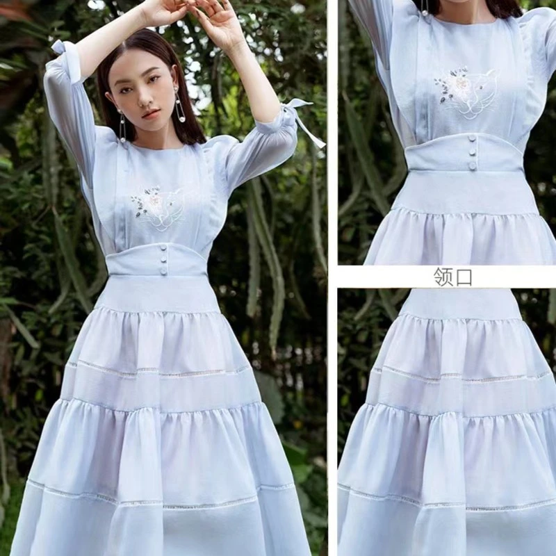 越南小众设计师女装2022夏季新款长袖刺绣名媛连衣裙泰国潮牌时尚