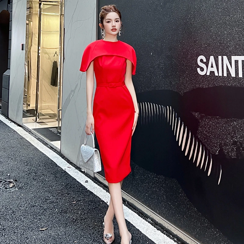 欧美风高级感优雅气质复古名媛高腰显瘦包臀连衣裙斗篷两件套装女