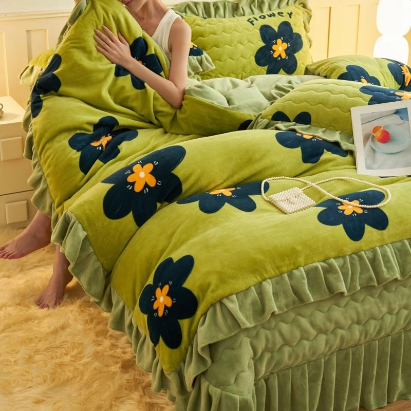 加厚保暖牛奶绒床盖四件套珊瑚法兰绒炕单加绒炕盖床单三件套冬季