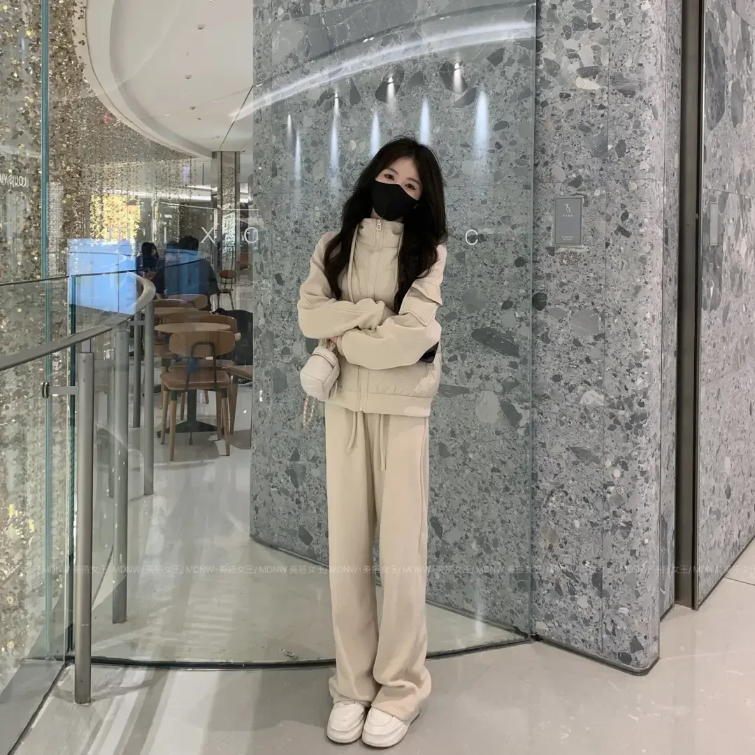 2024设计师冬装新款显瘦羽绒运动卫衣外套百搭休闲加绒裤子套装