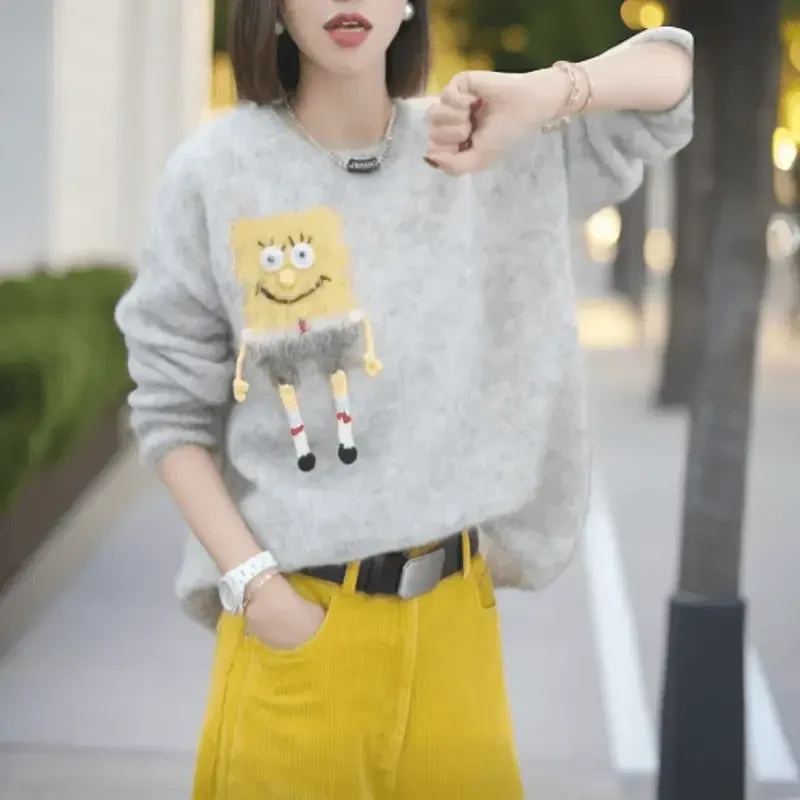 新款潮牌时尚百搭休闲上衣宽松套头气质圆领毛衣+休闲直筒阔腿裤1