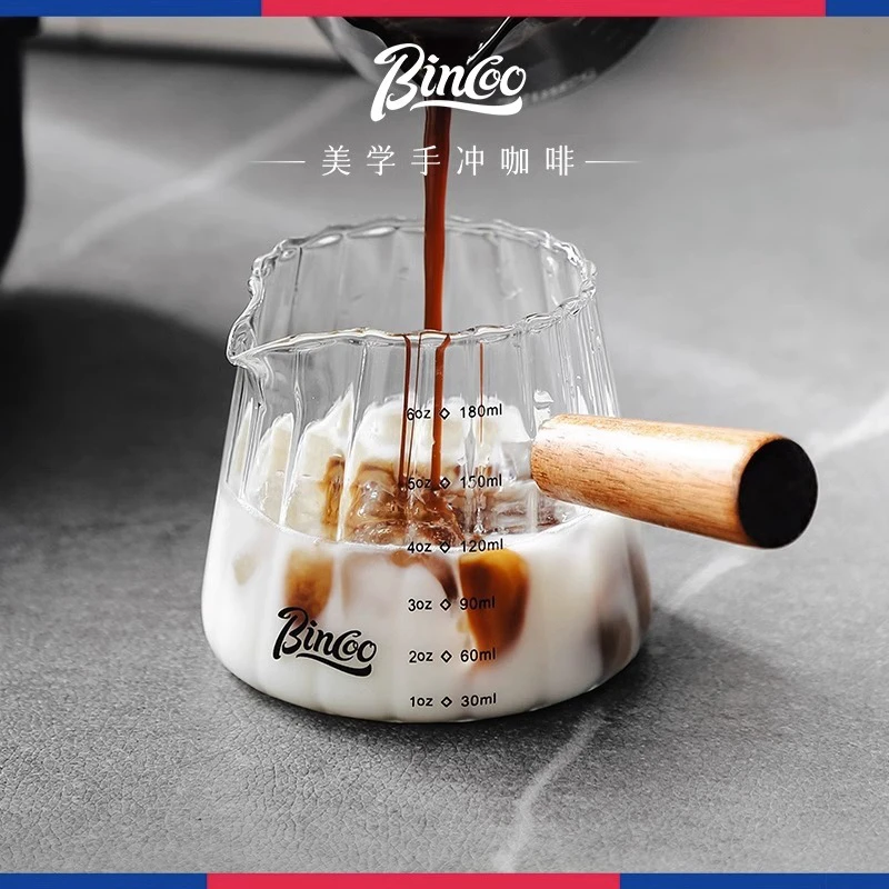 Bincoo家用带刻度日式木柄小奶盅玻璃小奶杯高硼硅意式浓缩咖啡杯