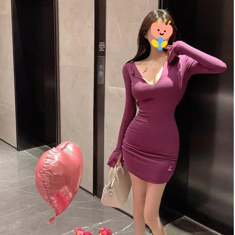 8899陈巴黎修身包臀裙显瘦气质长袖性感收腰褶皱