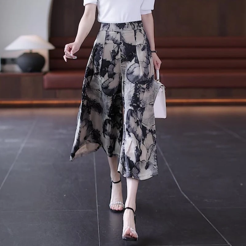 2025新款冰丝阔腿裤子女夏季薄款高腰宽松显瘦休闲七分垂坠感裙裤