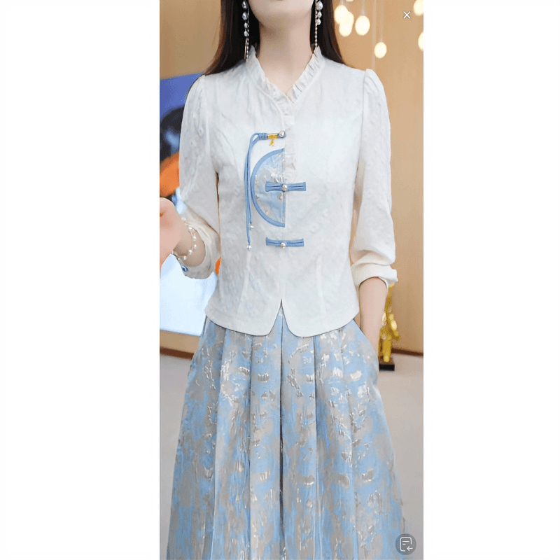 2024年轻妈妈春季上衣+半身裙显白收腰花边木耳领女装套装裙M-5XL