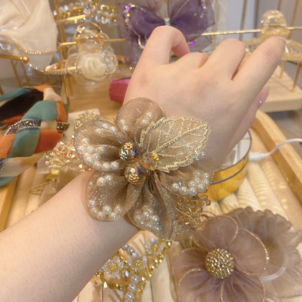 非金属布艺发饰 欧根纱米珠太阳花头绳扎头发高级发圈网纱发绳