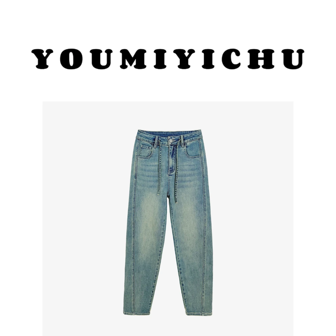 Y.M |  线雕牛仔 海盐晴空 韩系百搭抽绳休闲款牛仔裤5626
