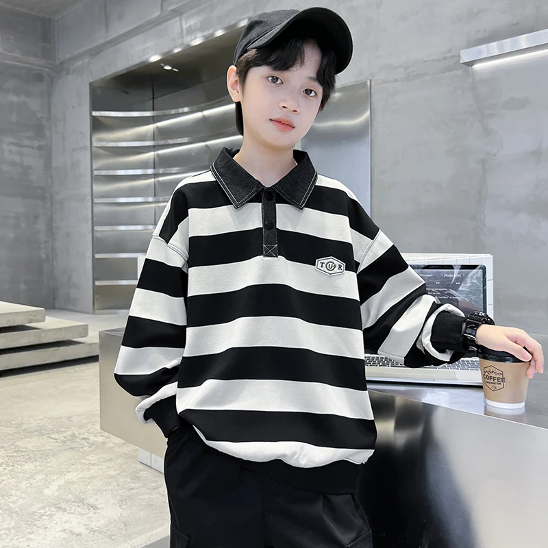 男童长袖T恤春秋款2025新款中大儿童男孩秋装条纹Polo衫秋季卫衣t