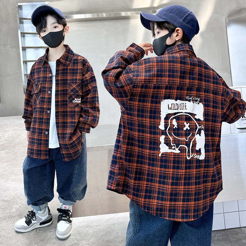 男童格子衬衫春秋款2024新款儿童长袖衬衣中大童装男孩秋装上衣服